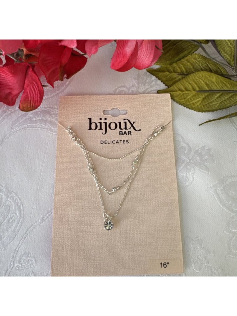 Bijoux Delicates Silvertone 3 Chain CZ Charm Layered Statement 16" Necklace NEW